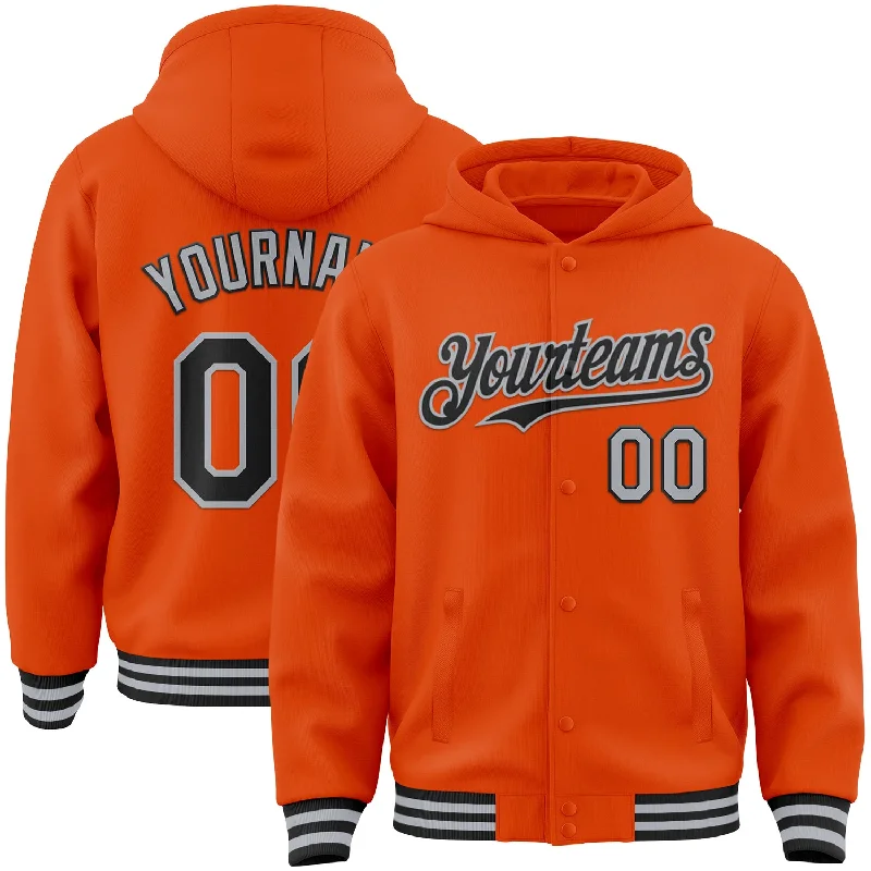 Fishing hook bending rack-Custom Orange Black-Gray Bomber Full-Snap Varsity Letterman Hoodie Jacket