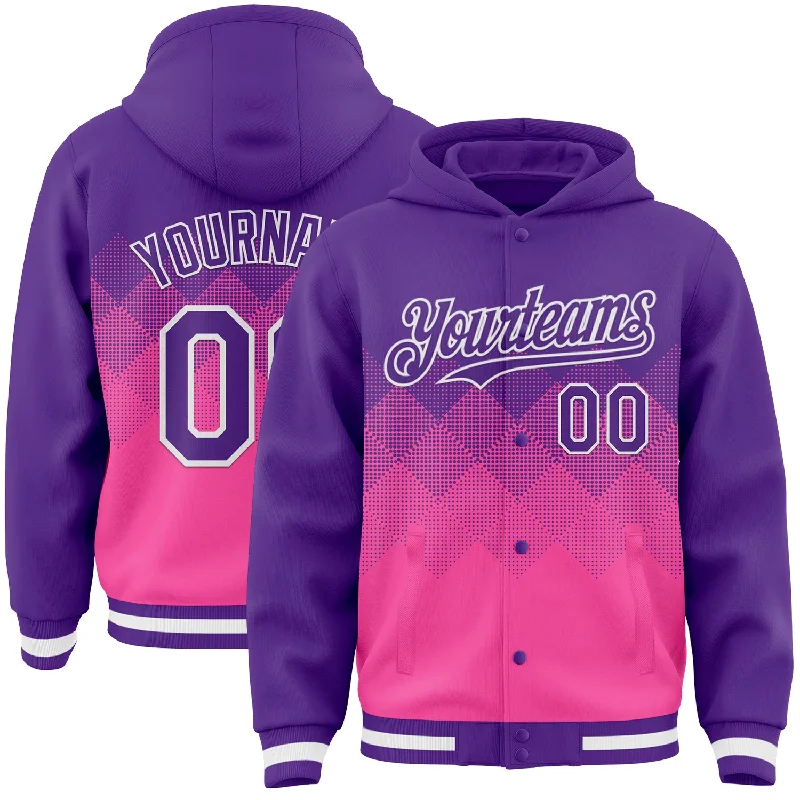 Fishing hook bending stand-Custom Purple Pink-White Gradient Square Shape 3D Pattern Design Bomber Full-Snap Varsity Letterman Hoodie Jacket