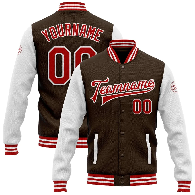 Fishing bait drying rack-Custom Brown Red-White Bomber Full-Snap Varsity Letterman Two Tone Jacket