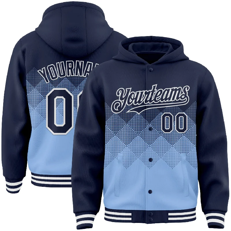 Fishing bait shaping clamp-Custom Navy Light Blue-White Gradient Square Shape 3D Pattern Design Bomber Full-Snap Varsity Letterman Hoodie Jacket