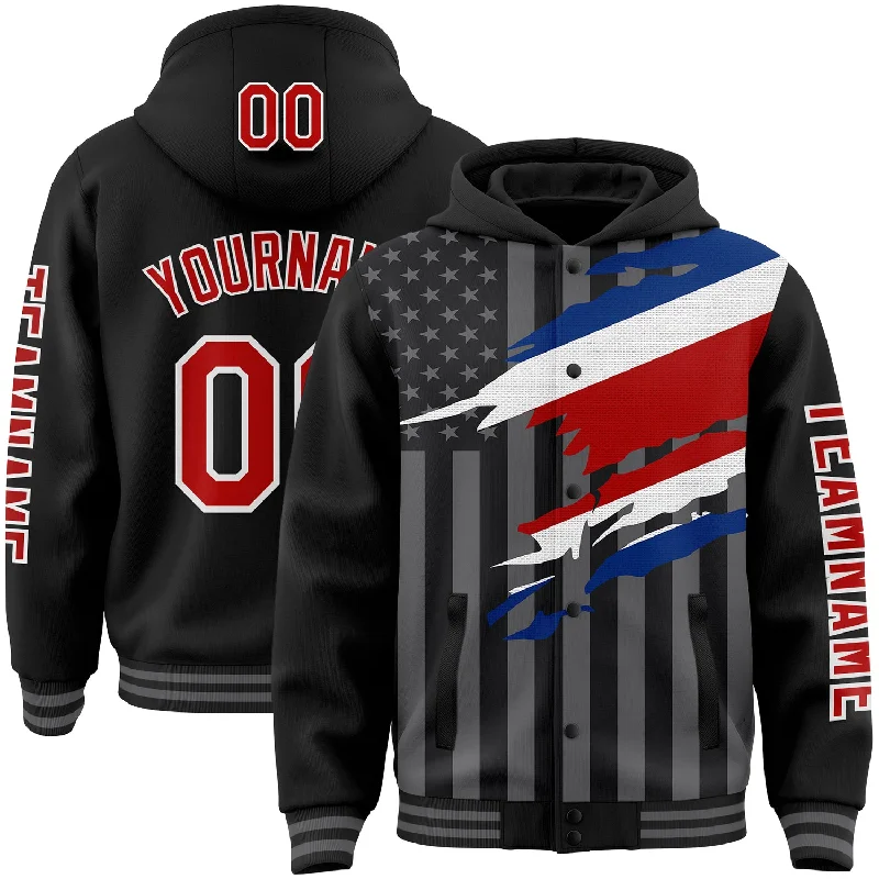 Fishing rod locking holder-Custom Black Red-Gray Costa Rica Costa Rican Flag 3D Bomber Full-Snap Varsity Letterman Hoodie Jacket