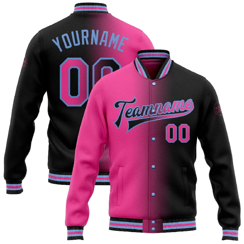 Fishing bait drying rack-Custom Black Pink-Light Blue Bomber Full-Snap Varsity Letterman Gradient Fashion Jacket