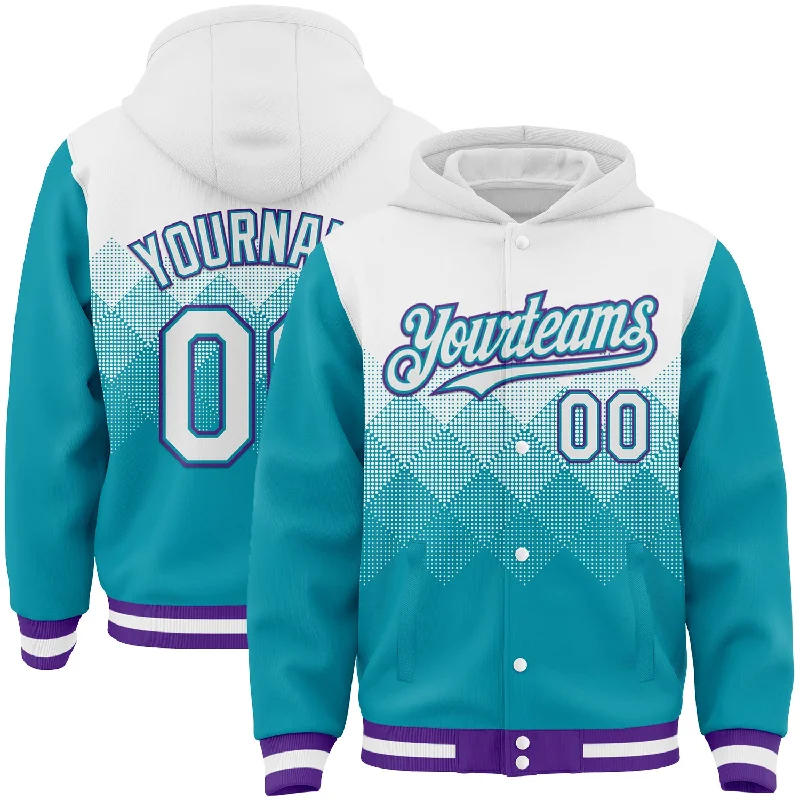 Fishing hook tension rack-Custom White Teal-Purple Gradient Square Shape 3D Pattern Design Bomber Full-Snap Varsity Letterman Hoodie Jacket