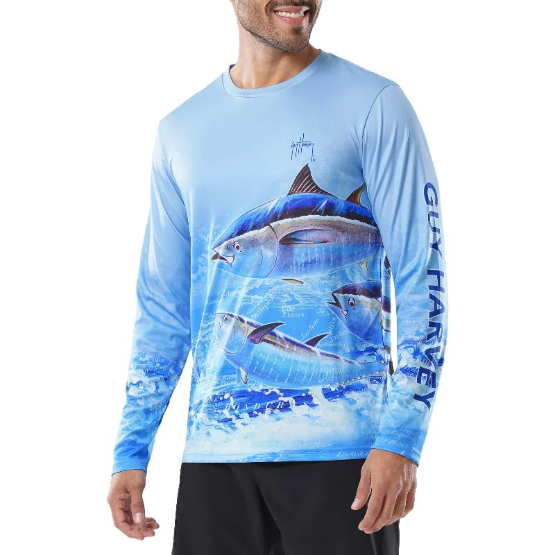 Fishing line splicing stand-Guy Harvey Men's Tuna Tribe Long Sleeve Performance Shirt Powder Blue