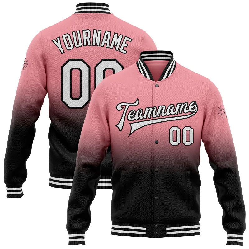 Fishing pliers with lever-Custom Medium Pink White-Black Bomber Full-Snap Varsity Letterman Fade Fashion Jacket