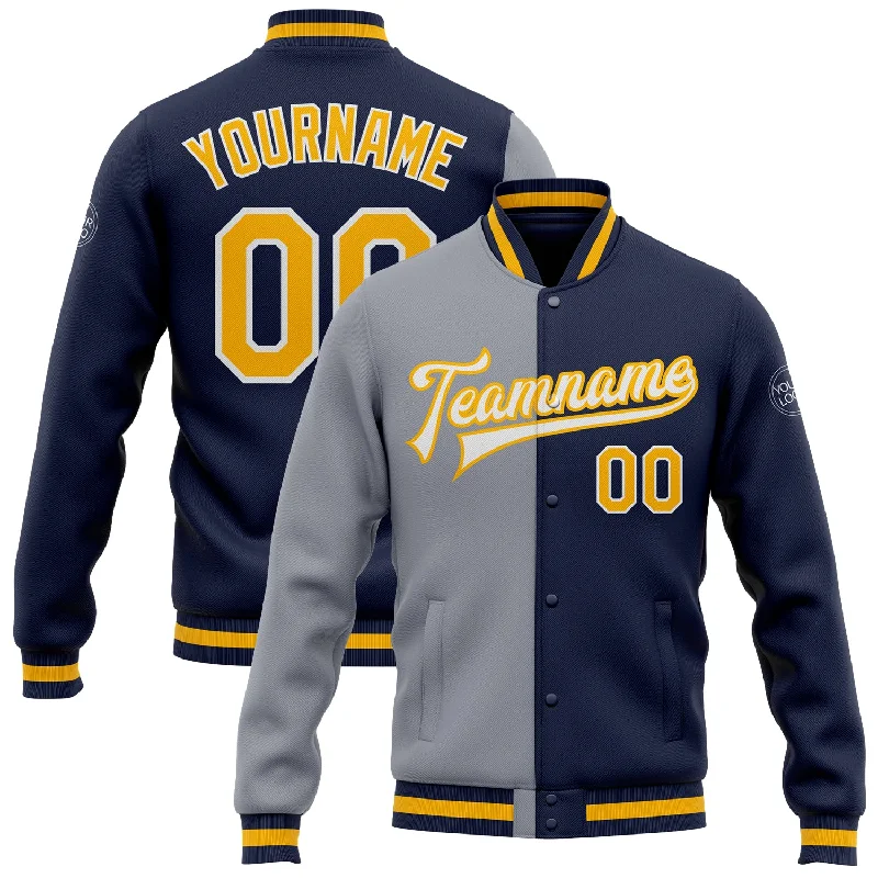 Fishing tackle compact stand-Custom Navy Gold-Gray Bomber Full-Snap Varsity Letterman Split Fashion Jacket