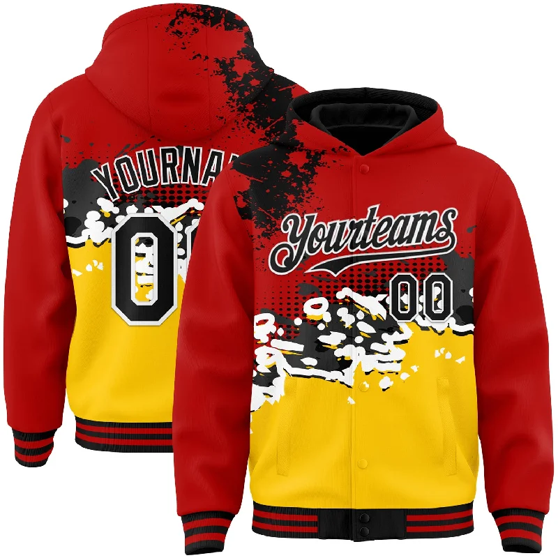 Fishing rod securing clamp-Custom Red Black-Gold Abstract Splash Grunge Art 3D Pattern Design Bomber Full-Snap Varsity Letterman Hoodie Jacket