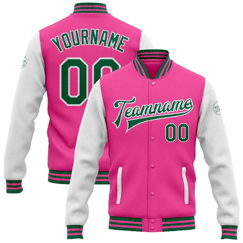 Fishing reel balance kit-Custom Pink Kelly Green-White Bomber Full-Snap Varsity Letterman Two Tone Jacket