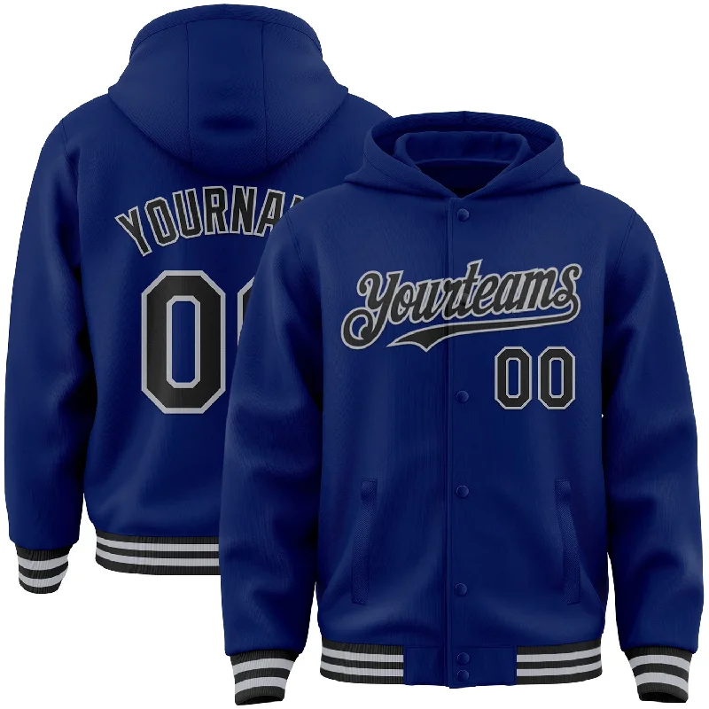 Fishing hook crimping stand-Custom Royal Black-Gray Bomber Full-Snap Varsity Letterman Hoodie Jacket