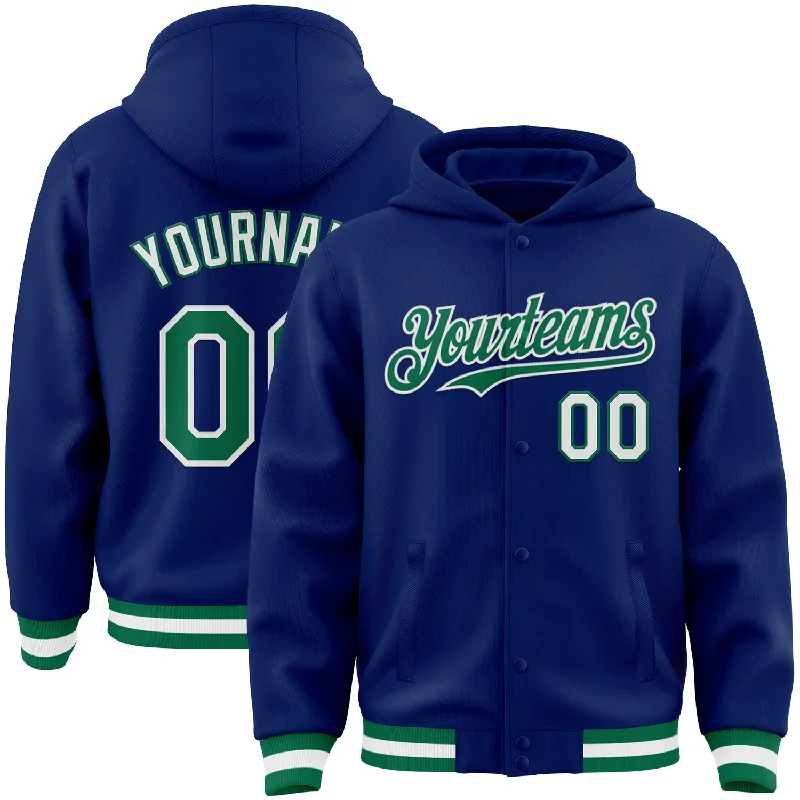 Fishing reel line stand-Custom Royal Kelly Green-White Bomber Full-Snap Varsity Letterman Hoodie Jacket