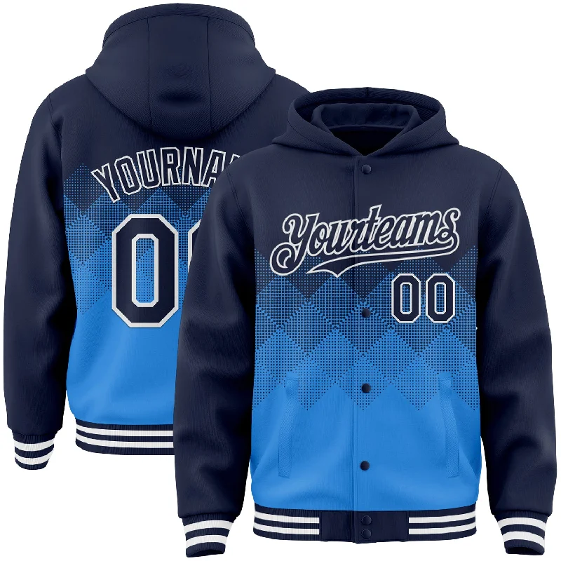 Fishing line loop clamp-Custom Navy Powder Blue-White Gradient Square Shape 3D Pattern Design Bomber Full-Snap Varsity Letterman Hoodie Jacket