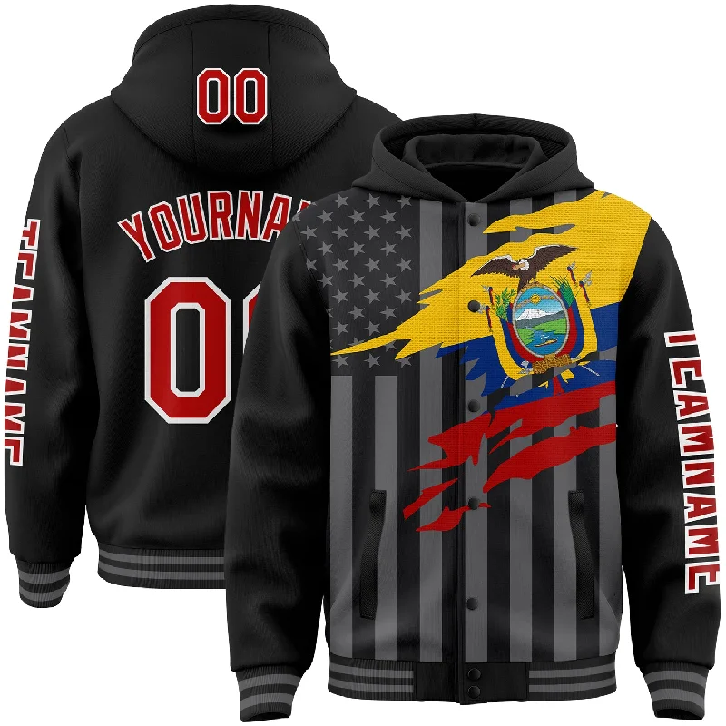 Fishing bait shaping rack-Custom Black Red-Gray Ecuador Ecuadorian Flag 3D Bomber Full-Snap Varsity Letterman Hoodie Jacket