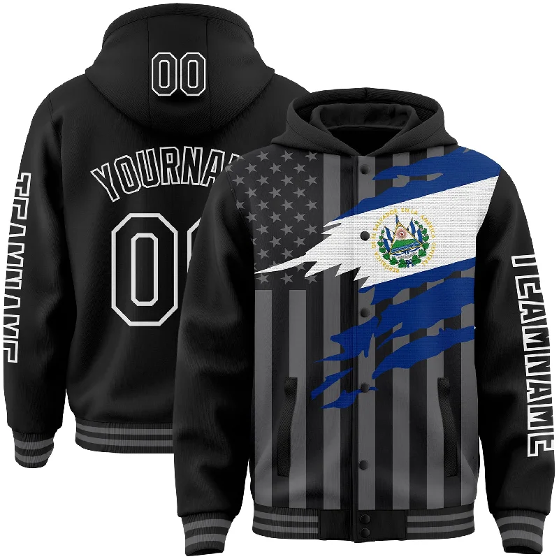 Fishing hook angle rack-Custom Black Gray-White El Salvador El Salvadoran Flag 3D Bomber Full-Snap Varsity Letterman Hoodie Jacket