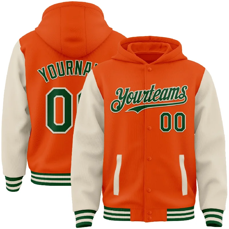 Fishing line twisting clamp-Custom Orange Green-Cream Bomber Full-Snap Varsity Letterman Two Tone Hoodie Jacket