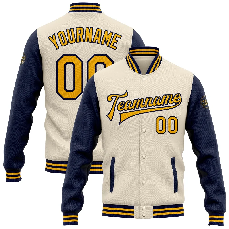 Fishing bait pressing clamp-Custom Cream Gold-Navy Bomber Full-Snap Varsity Letterman Two Tone Jacket