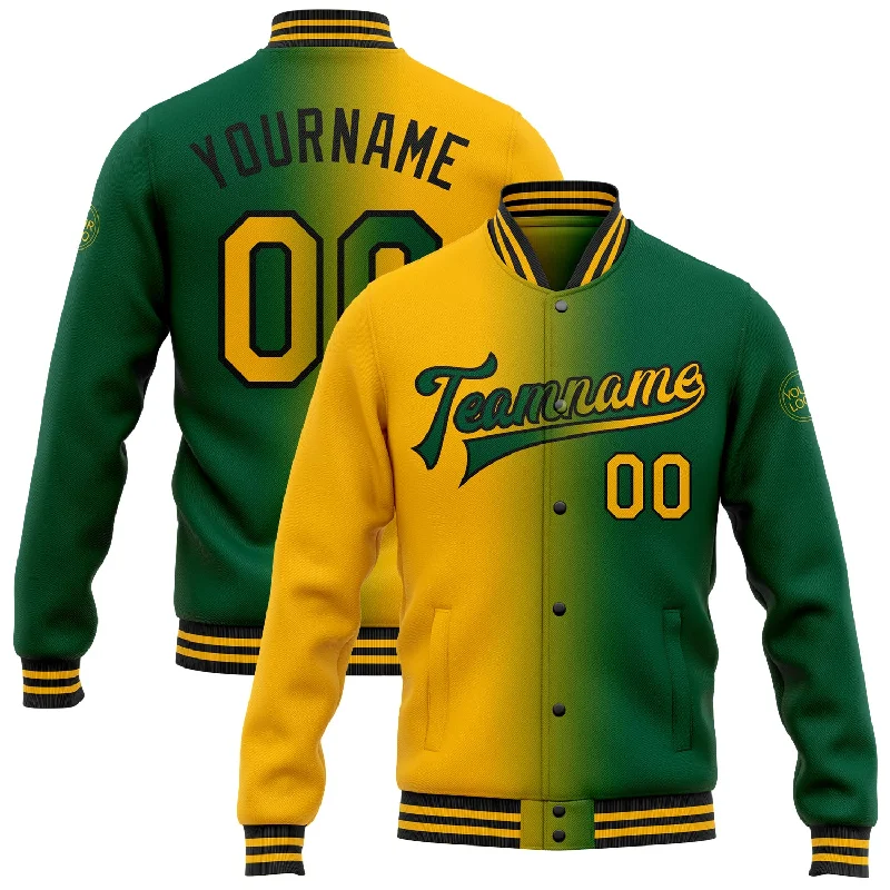 Fishing tackle stacking rack-Custom Kelly Green Gold-Black Bomber Full-Snap Varsity Letterman Gradient Fashion Jacket