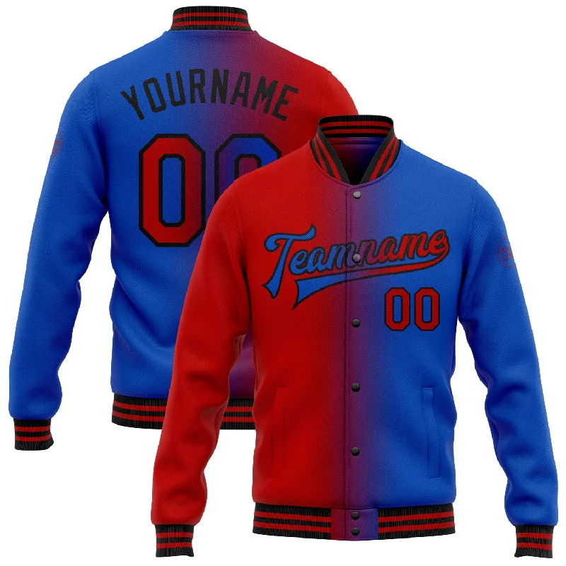 Fishing rod stabilizing rack-Custom Thunder Blue Red-Black Bomber Full-Snap Varsity Letterman Gradient Fashion Jacket