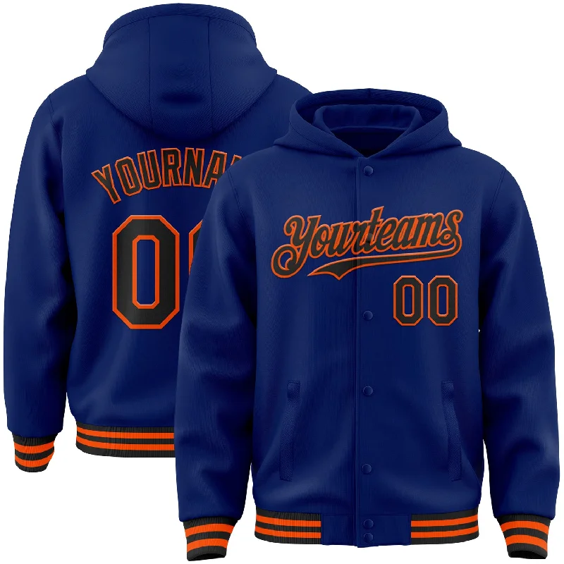 Fishing rod securing rack-Custom Royal Black-Orange Bomber Full-Snap Varsity Letterman Hoodie Jacket