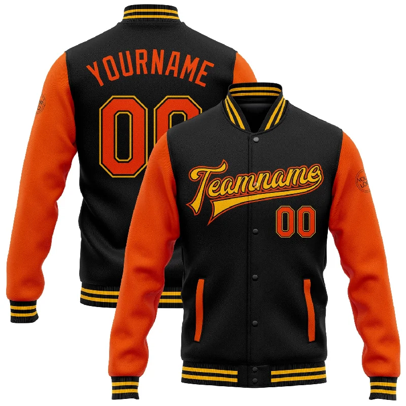 Fishing rod display rack-Custom Black Orange-Gold Bomber Full-Snap Varsity Letterman Two Tone Jacket