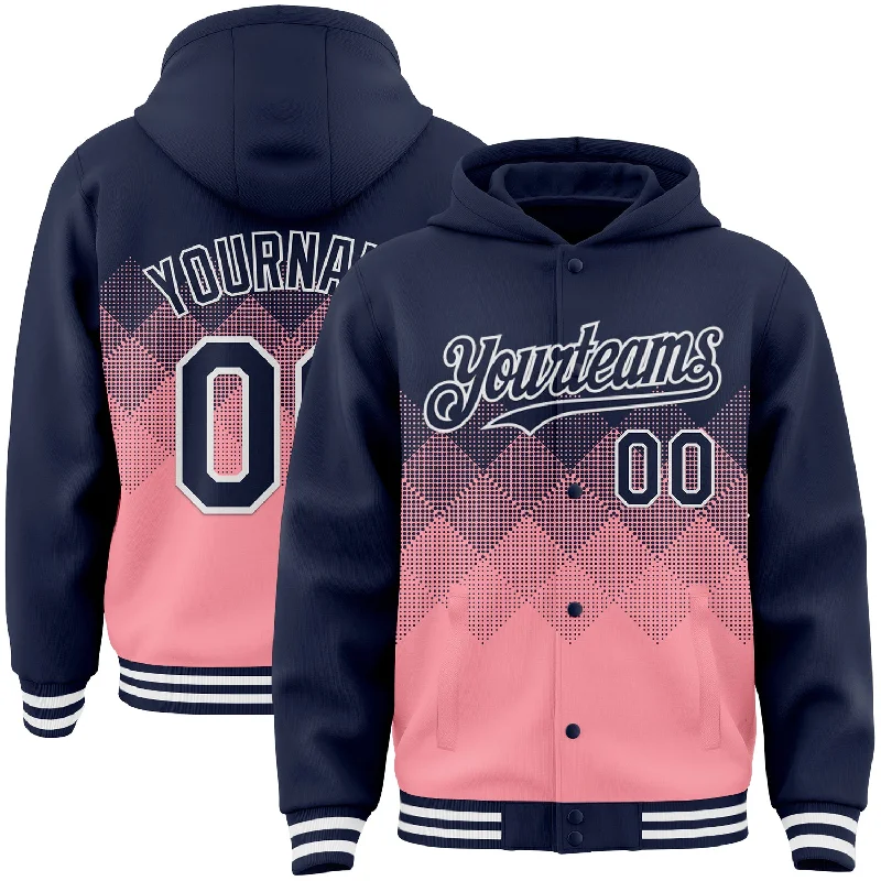 Fishing reel line clamp-Custom Navy Medium Pink-White Gradient Square Shape 3D Pattern Design Bomber Full-Snap Varsity Letterman Hoodie Jacket