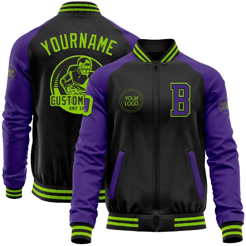 Fishing reel drag rack-Custom Black Neon Green-Purple Bomber Varsity Letterman Two Tone Zipper Jacket