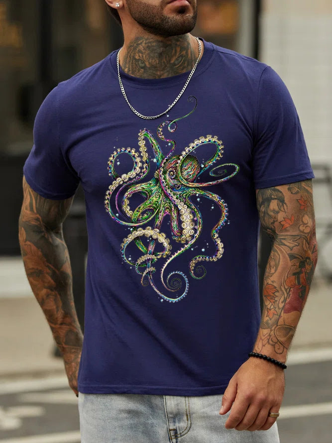 Fishing hook tension stand-Men's Casual Personality Octopus Print Crew Neck T-Shirt