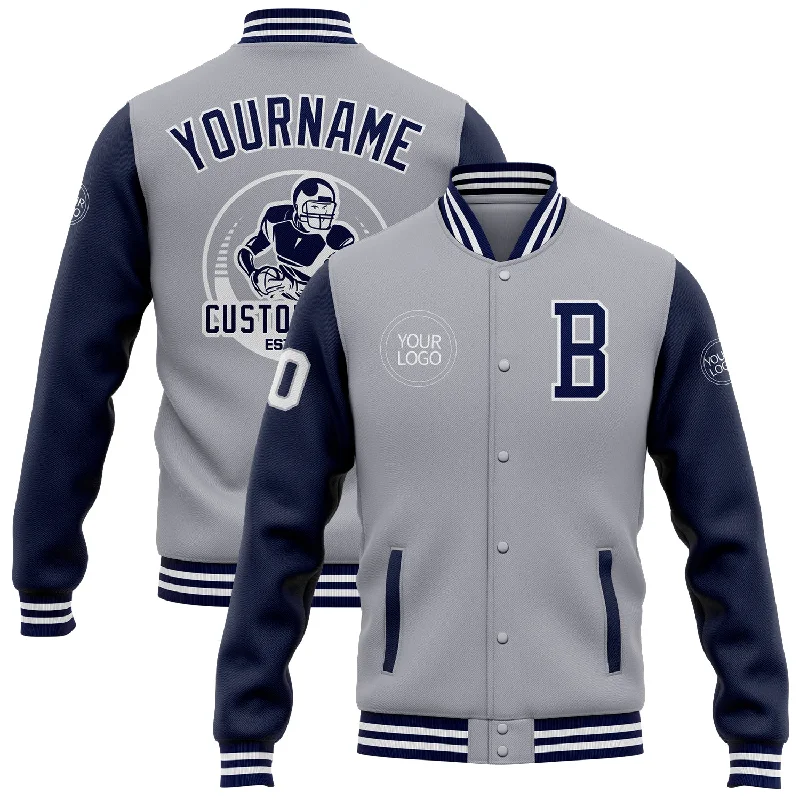 Fishing hook angle rack-Custom Gray Navy-White Bomber Full-Snap Varsity Letterman Two Tone Jacket