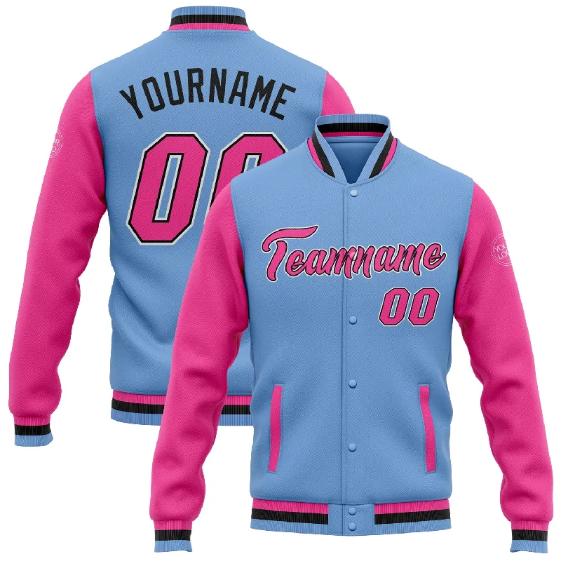 Fishing line braiding holder-Custom Light Blue Pink-Black Bomber Full-Snap Varsity Letterman Two Tone Jacket