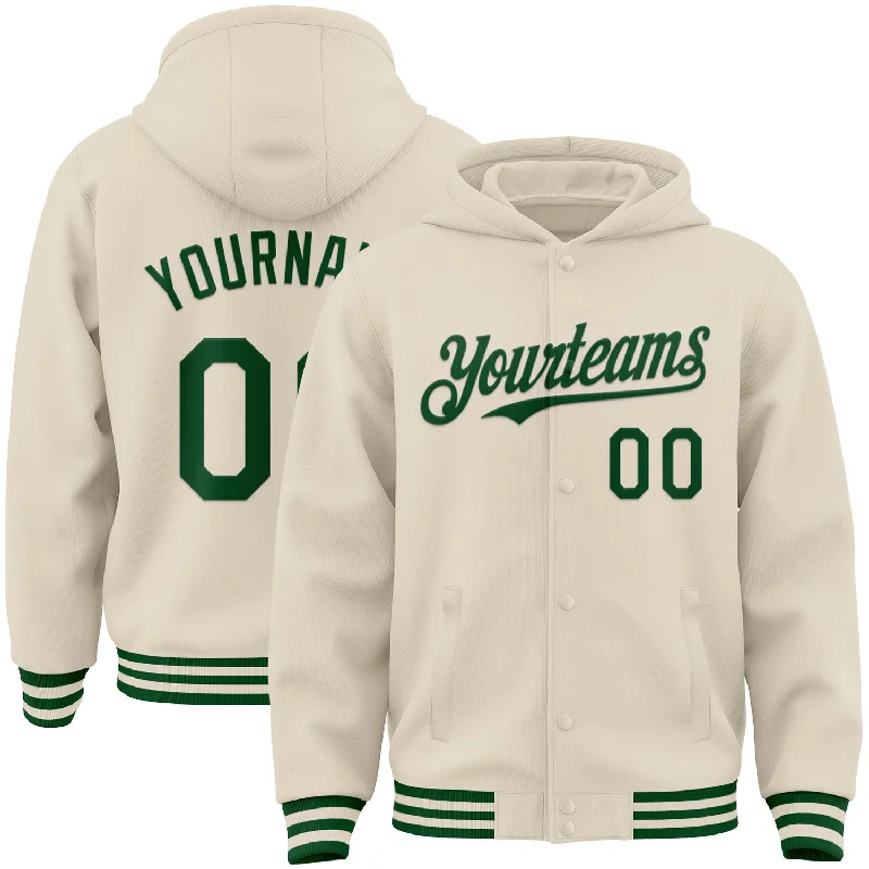 Fishing bait weighing clamp-Custom Cream Green Bomber Full-Snap Varsity Letterman Hoodie Jacket