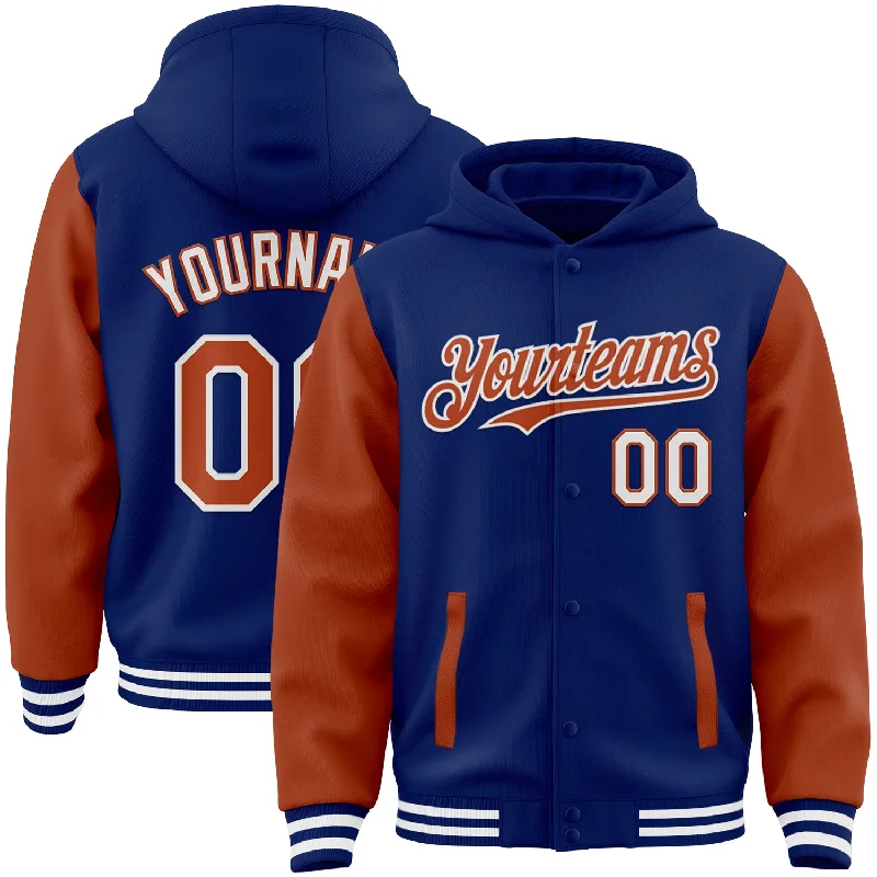 Fishing hook threading stand-Custom Royal Texas Orange-White Bomber Full-Snap Varsity Letterman Two Tone Hoodie Jacket