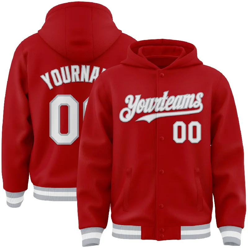 Fishing line loop rack-Custom Red White-Gray Bomber Full-Snap Varsity Letterman Hoodie Jacket