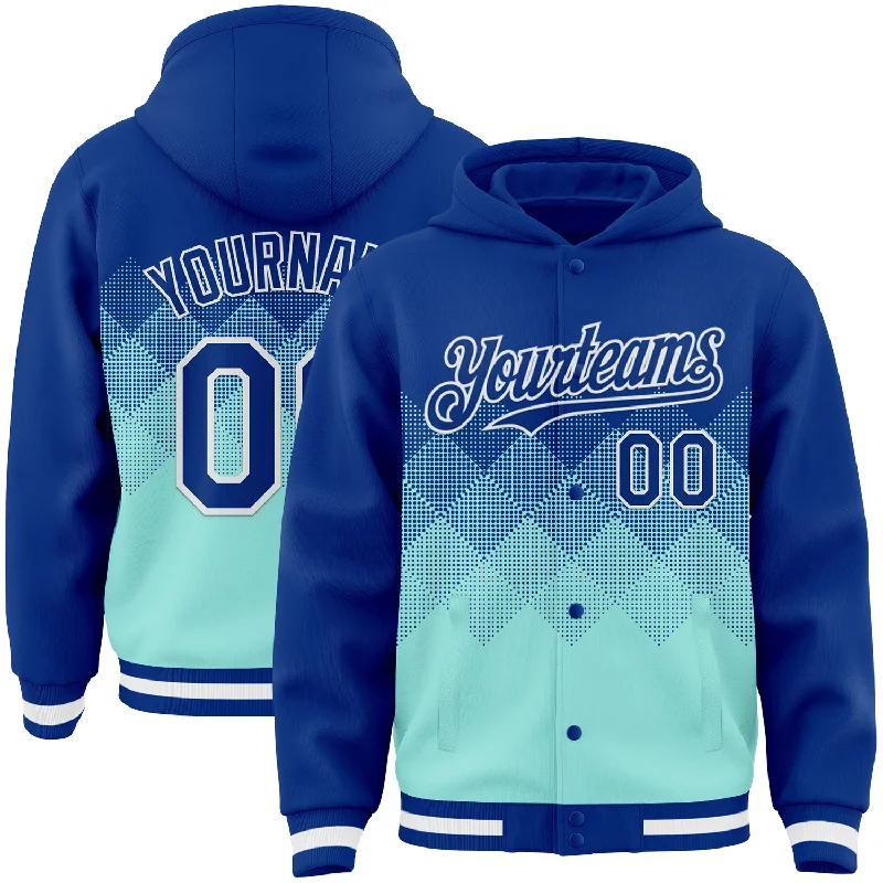 Fishing bait sealing stand-Custom Royal Ice Blue-White Gradient Square Shape 3D Pattern Design Bomber Full-Snap Varsity Letterman Hoodie Jacket