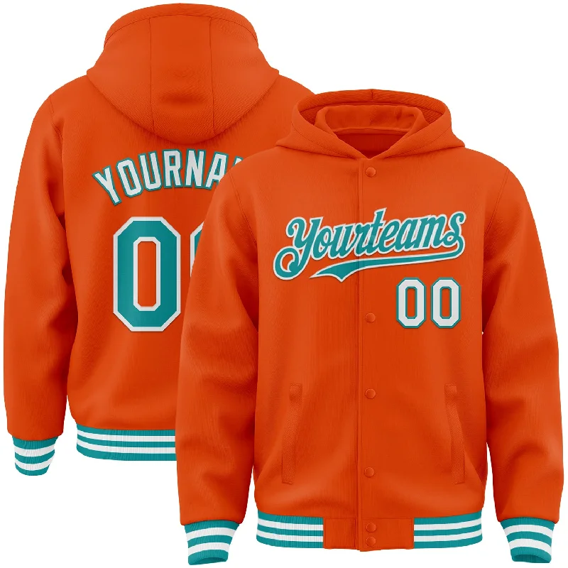 Fishing hook crimping stand-Custom Orange Teal-White Bomber Full-Snap Varsity Letterman Hoodie Jacket