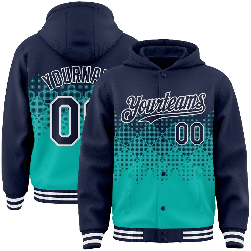 Fishing hook threading clamp-Custom Navy Aqua-White Gradient Square Shape 3D Pattern Design Bomber Full-Snap Varsity Letterman Hoodie Jacket