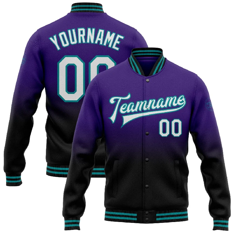 Fishing tackle waterproof rack-Custom Purple White Black-Teal Bomber Full-Snap Varsity Letterman Fade Fashion Jacket