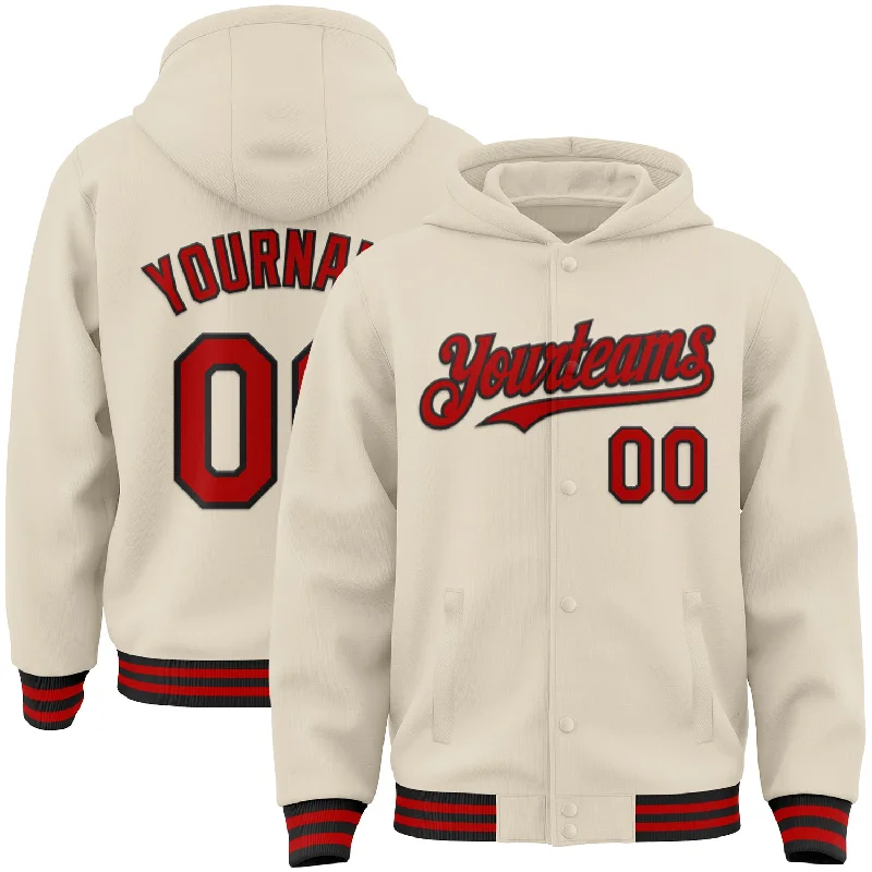 Fishing line braiding clamp-Custom Cream Red-Black Bomber Full-Snap Varsity Letterman Hoodie Jacket