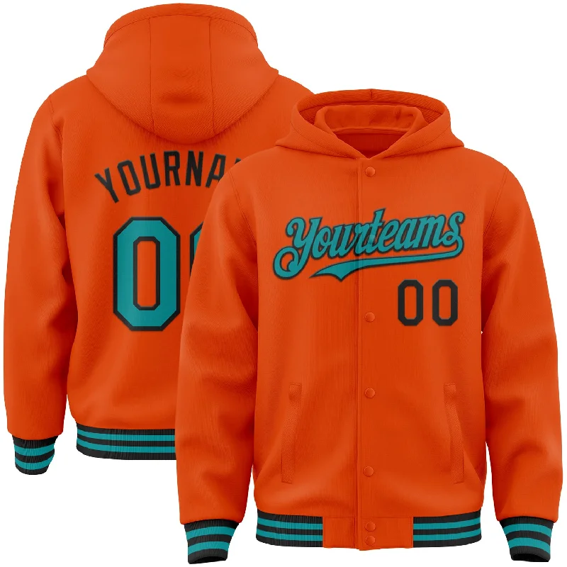 Fishing line braiding holder-Custom Orange Teal-Black Bomber Full-Snap Varsity Letterman Hoodie Jacket