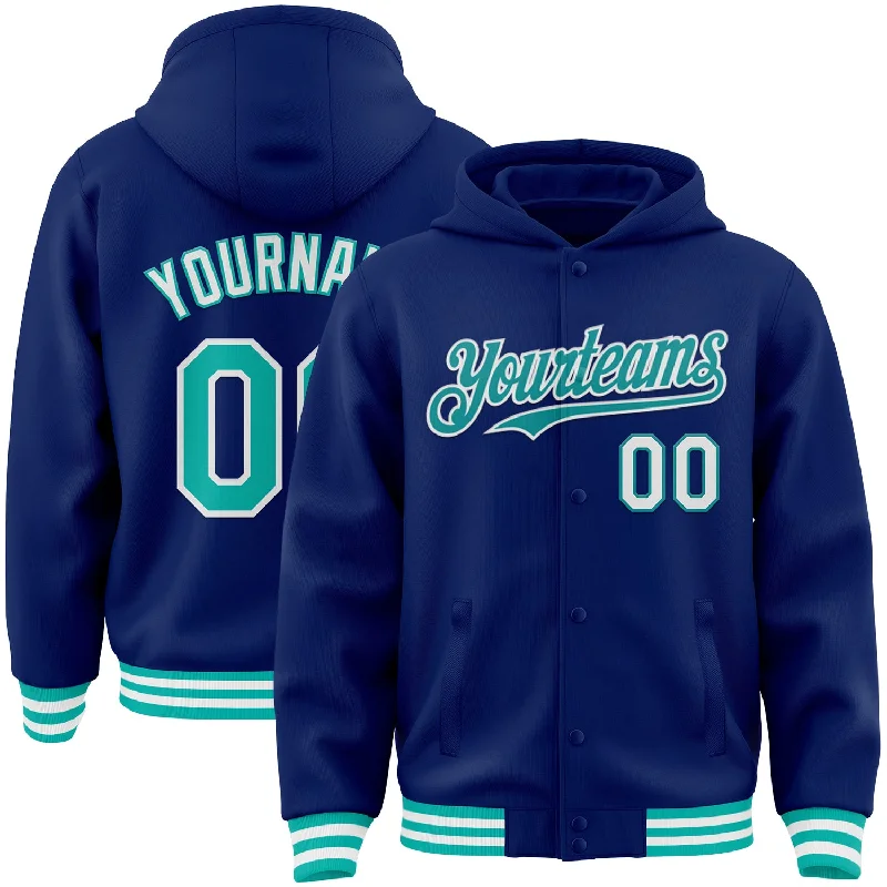 Fishing line twisting stand-Custom Royal Aqua-White Bomber Full-Snap Varsity Letterman Hoodie Jacket