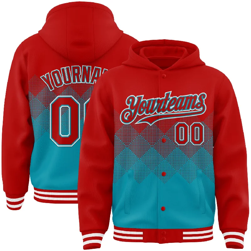 Fishing line loop rack-Custom Red Teal-White Gradient Square Shape 3D Pattern Design Bomber Full-Snap Varsity Letterman Hoodie Jacket