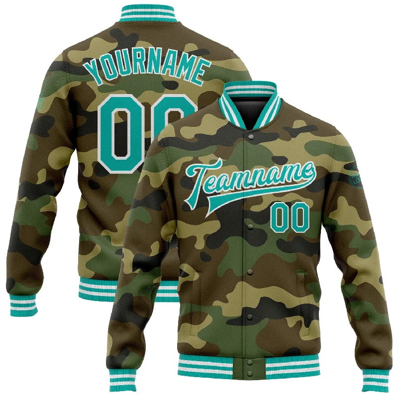 Fishing rod display rack-Custom Camo Aqua-White Bomber Full-Snap Varsity Letterman Salute To Service Jacket