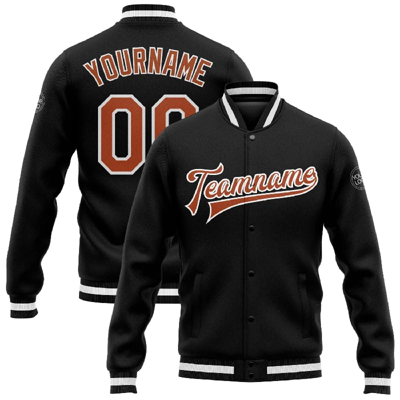 Fishing tackle adjustable rack-Custom Black Texas Orange-White Bomber Full-Snap Varsity Letterman Jacket