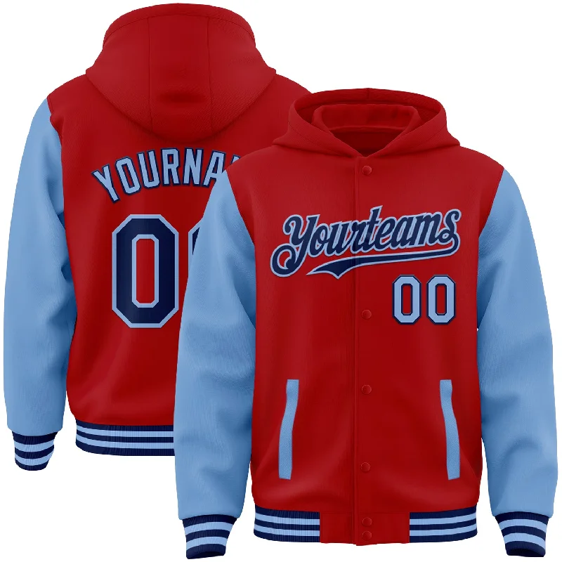 Fishing tackle stacking rack-Custom Red Navy-Light Blue Bomber Full-Snap Varsity Letterman Two Tone Hoodie Jacket