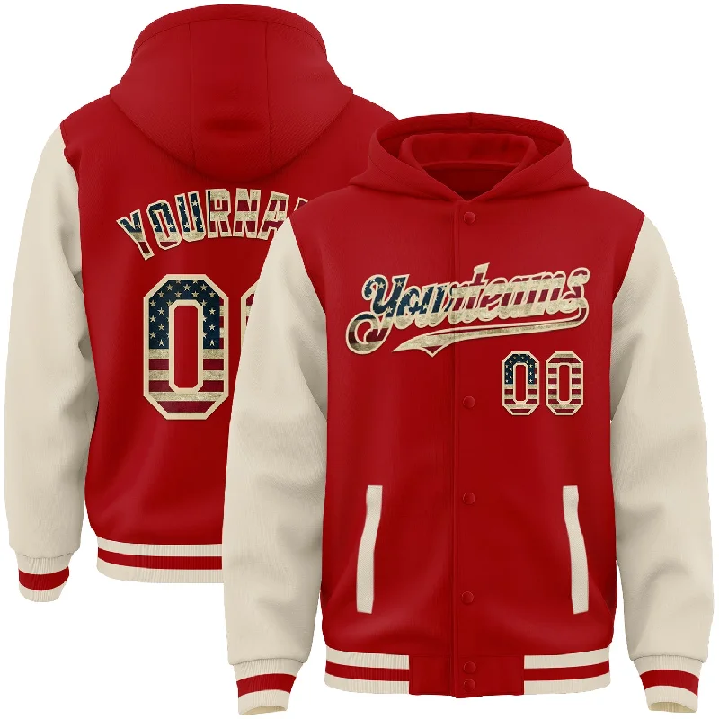 Fishing pliers with clip lock-Custom Red Vintage USA Flag-Cream Bomber Full-Snap Varsity Letterman Two Tone Hoodie Jacket