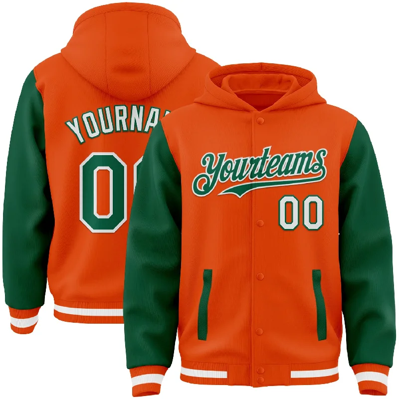 Fishing bait mixing clamp-Custom Orange Kelly Green-White Bomber Full-Snap Varsity Letterman Two Tone Hoodie Jacket