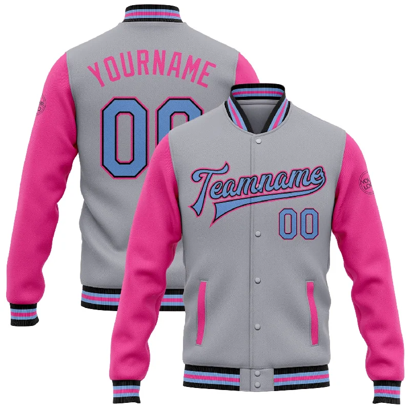 Fishing rod locking holder-Custom Gray Light Blue Black-Pink Bomber Full-Snap Varsity Letterman Two Tone Jacket