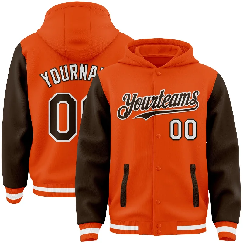 Fishing rod folding strap-Custom Orange Brown-White Bomber Full-Snap Varsity Letterman Two Tone Hoodie Jacket