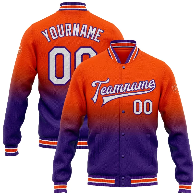 Fishing reel drag rack-Custom Orange White-Purple Bomber Full-Snap Varsity Letterman Fade Fashion Jacket