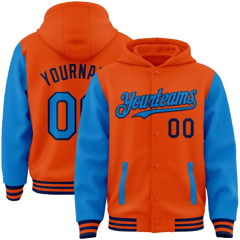 Fishing line knot clamp-Custom Orange Powder Blue-Navy Bomber Full-Snap Varsity Letterman Two Tone Hoodie Jacket