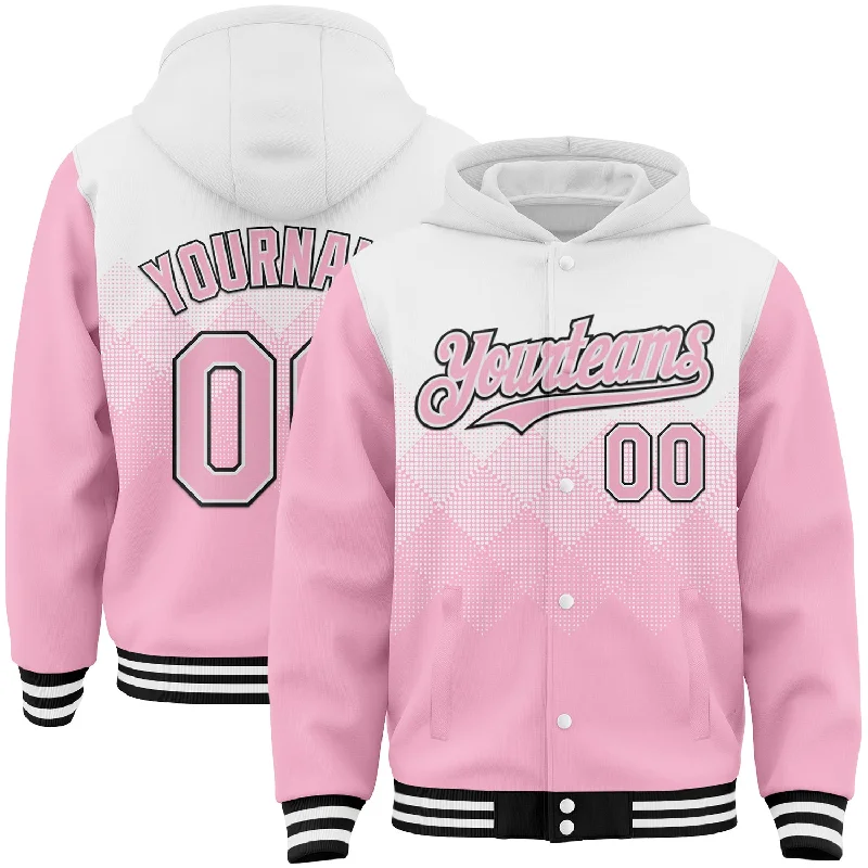 Fishing rod securing rack-Custom White Light Pink-Black Gradient Square Shape 3D Pattern Design Bomber Full-Snap Varsity Letterman Hoodie Jacket