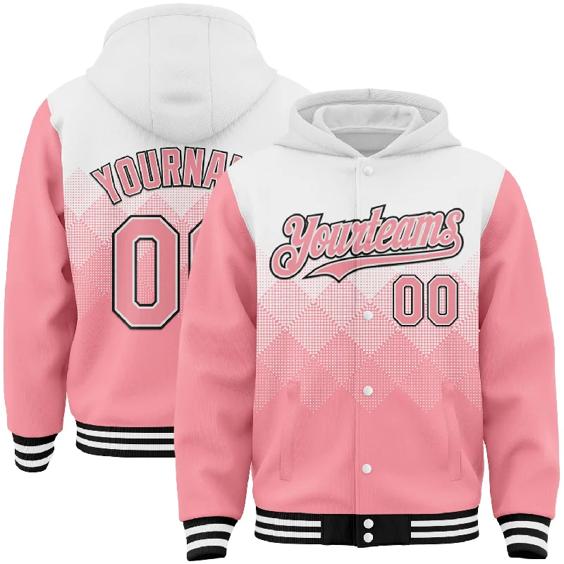 Fishing pliers with hook rack-Custom White Medium Pink-Black Gradient Square Shape 3D Pattern Design Bomber Full-Snap Varsity Letterman Hoodie Jacket